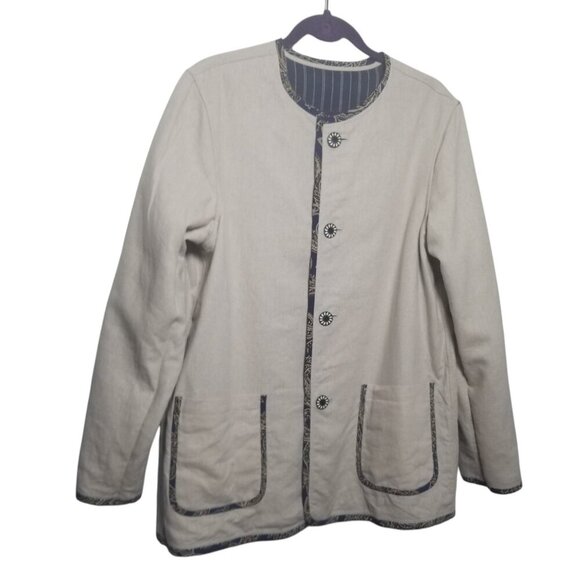 Women's Linen Blend Reversable Blue Stripe Artsy Coastal Blazer Sz M - Picture 6 of 7